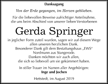 Traueranzeige von Gerda Springer von Super Sonntag Mansfelder Land