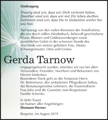 Traueranzeige von Gerda Tarnow von Super Sonntag Wittenberg
