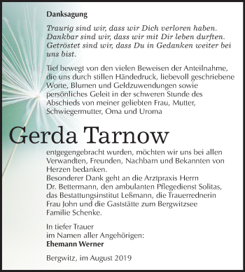 Traueranzeige von Gerda Tarnow von Mitteldeutsche Zeitung Wittenberg