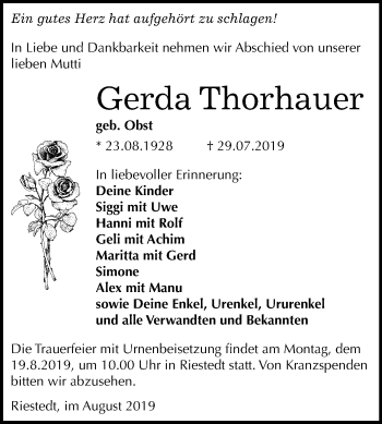 Traueranzeige von Gerda Thorhauer von Mitteldeutsche Zeitung Sangerhausen