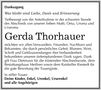 Traueranzeige von Gerda Thorhauer von Mitteldeutsche Zeitung Sangerhausen