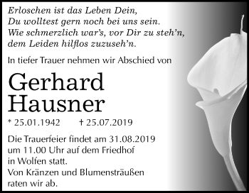 Traueranzeige von Gerhard Hausner von Wochenspiegel Bitterfeld