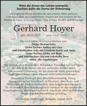 Traueranzeige von Gerhard Hoyer von Mitteldeutsche Zeitung Weißenfels