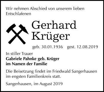 Traueranzeige von Gerhard Krüger von Mitteldeutsche Zeitung Sangerhausen
