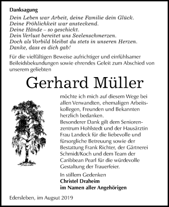 Traueranzeige von Gerhard Müller von Mitteldeutsche Zeitung Sangerhausen