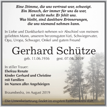 Traueranzeige von Gerhard Schütze von Mitteldeutsche Zeitung Merseburg/Querfurt