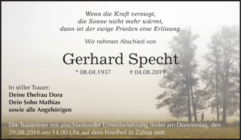Traueranzeige von Gerhard Specht von Mitteldeutsche Zeitung Wittenberg