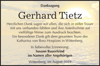 Traueranzeige von Gerhard Tietz von Mitteldeutsche Zeitung Wittenberg