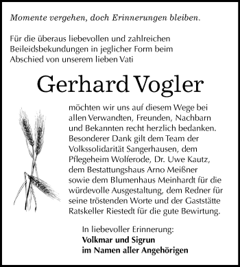 Traueranzeige von Gerhard Vogler von Mitteldeutsche Zeitung Sangerhausen