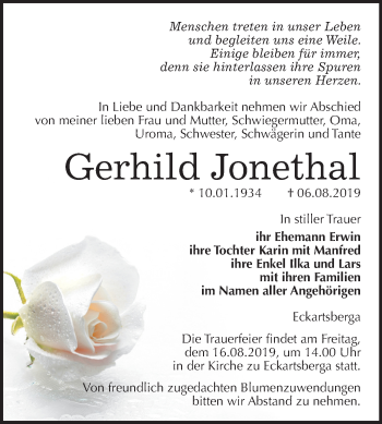 Traueranzeige von Gerhild Jonethal von Mitteldeutsche Zeitung Naumburg/Nebra