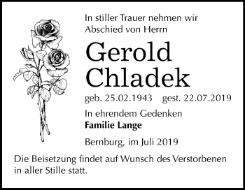 Traueranzeige von Gerold Chladek von Super Sonntag Bernburg