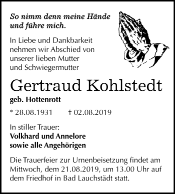 Traueranzeige von Gertraud Kohlstedt von Wochenspiegel Merseburg/Querfurt