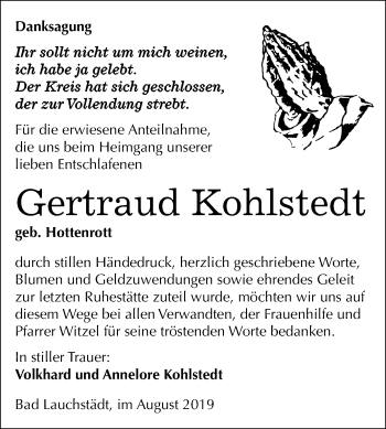 Traueranzeige von Gertraud Kohlstedt von Wochenspiegel Merseburg/Querfurt