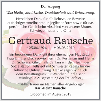 Traueranzeige von Gertraud Rausche von Mitteldeutsche Zeitung Mansfelder Land