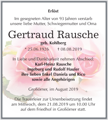 Traueranzeige von Gertraud Rausche von Super Sonntag Mansfelder Land