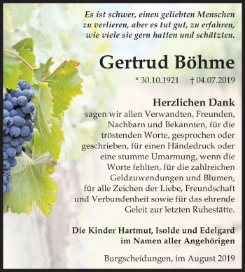 Traueranzeige von Gertrud Böhme von Mitteldeutsche Zeitung Naumburg/Nebra