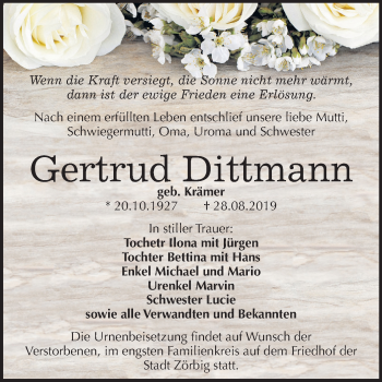 Traueranzeige von Gertrud Dittmann von Mitteldeutsche Zeitung Bitterfeld