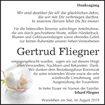 Traueranzeige von Gertrud Fliegner von Super Sonntag Mansfelder Land
