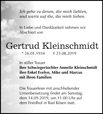 Traueranzeige von Gertrud Kleinschmidt von Mitteldeutsche Zeitung Naumburg/Nebra