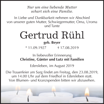 Traueranzeige von Gertrud Rühl von Mitteldeutsche Zeitung Sangerhausen
