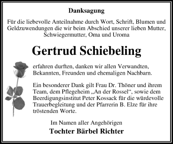 Traueranzeige von Gertrud Schiebeling von Mitteldeutsche Zeitung Dessau-Roßlau
