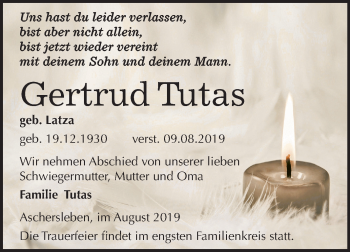 Traueranzeige von Gertrud Tutas von Super Sonntag Aschersleben