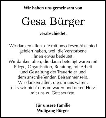 Traueranzeige von Gesa Bürger von Mitteldeutsche Zeitung Quedlinburg