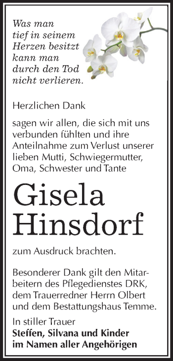 Traueranzeige von Gisela Hinsdorf von Wochenspiegel Bitterfeld
