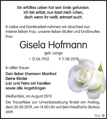 Traueranzeige von Gisela Hofmann von Mitteldeutsche Zeitung Weißenfels