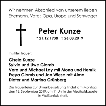 Traueranzeige von Gisela Kunze von Mitteldeutsche Zeitung Weißenfels