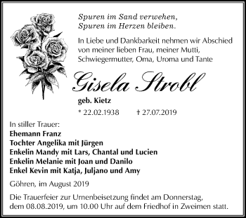 Traueranzeige von Gisela Strobl von Mitteldeutsche Zeitung Merseburg/Querfurt