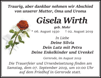 Traueranzeige von Gisela Wirth von Super Sonntag Quedlinburg