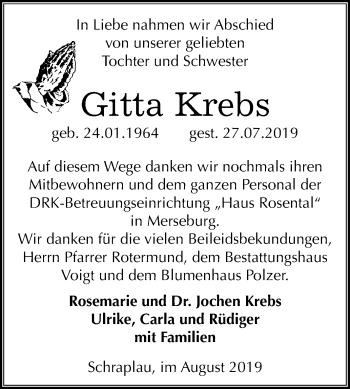 Traueranzeige von Gitta Krebs von Wochenspiegel Merseburg/Querfurt