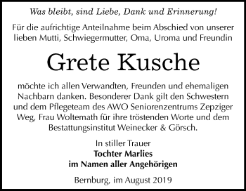Traueranzeige von Grete Kusche von Mitteldeutsche Zeitung Bernburg