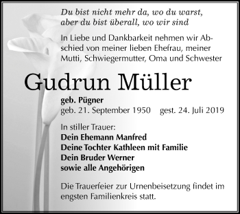Traueranzeige von Gudrun Müller von Super Sonntag Merseburg/Querfurt