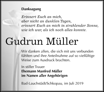 Traueranzeige von Gudrun Müller von Mitteldeutsche Zeitung Merseburg/Querfurt