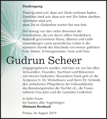 Traueranzeige von Gudrun Scheer von Mitteldeutsche Zeitung Wittenberg