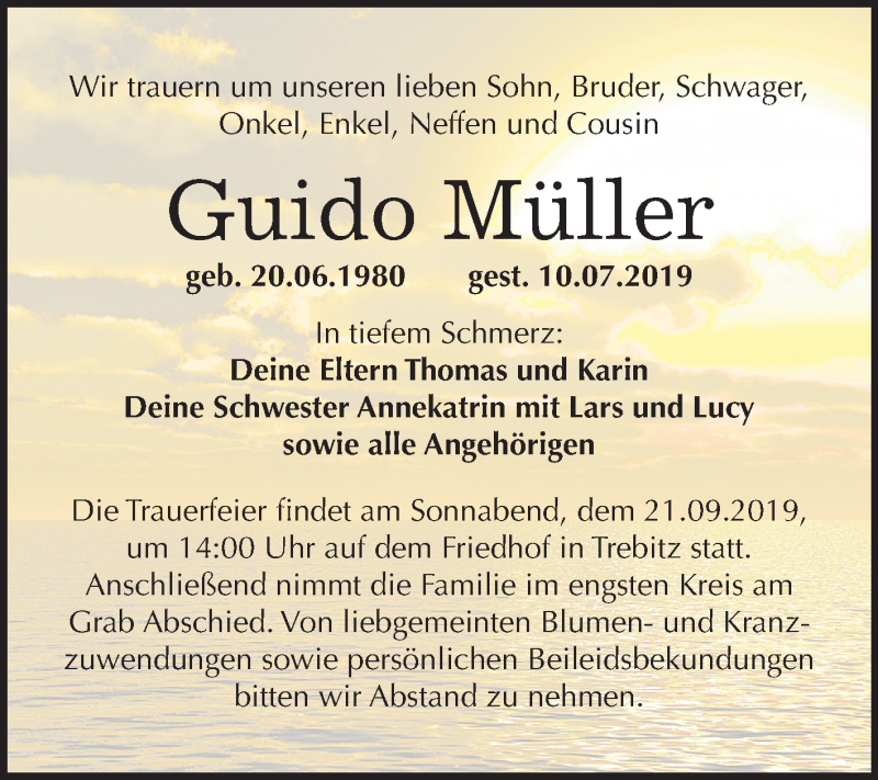  Traueranzeige für Guido Müller vom 03.08.2019 aus Mitteldeutsche Zeitung Wittenberg