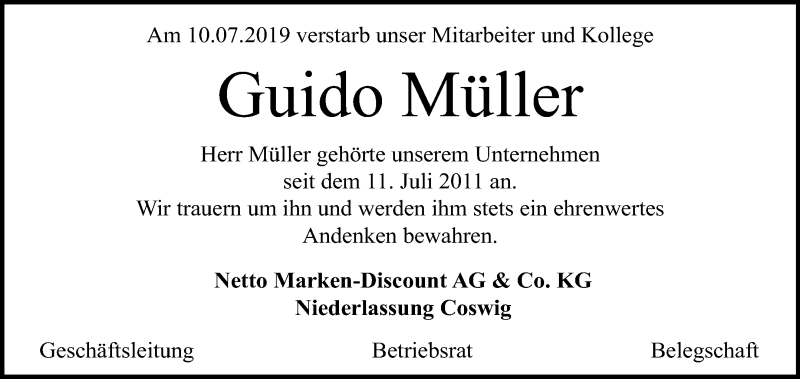  Traueranzeige für Guido Müller vom 01.08.2019 aus Mitteldeutsche Zeitung Wittenberg
