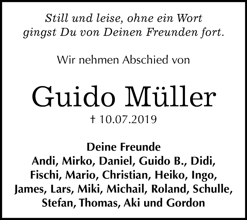  Traueranzeige für Guido Müller vom 17.08.2019 aus Mitteldeutsche Zeitung Wittenberg