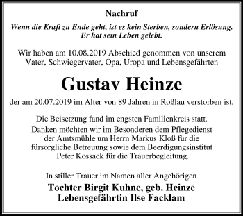 Traueranzeige von Gustav Heinze von Mitteldeutsche Zeitung Dessau-Roßlau
