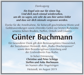 Traueranzeige von Günter Buchmann von Mitteldeutsche Zeitung Mansfelder Land