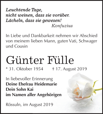 Traueranzeige von Günter Fülle von Wochenspiegel Weißenfels