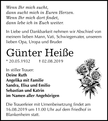 Traueranzeige von Günter Heiße von Mitteldeutsche Zeitung Sangerhausen