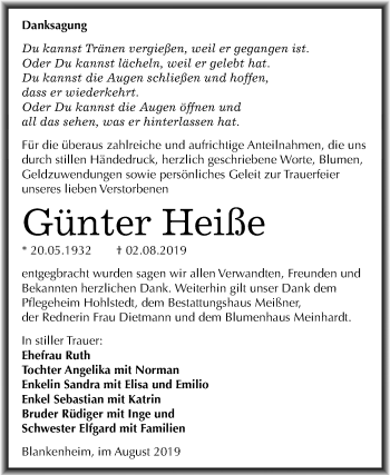 Traueranzeige von Günter Heiße von Mitteldeutsche Zeitung Sangerhausen