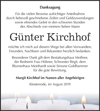 Traueranzeige von Günter Kirchhof von Mitteldeutsche Zeitung Sangerhausen