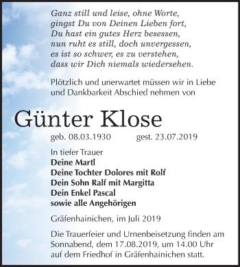 Traueranzeige von Günter Klose von Super Sonntag Wittenberg