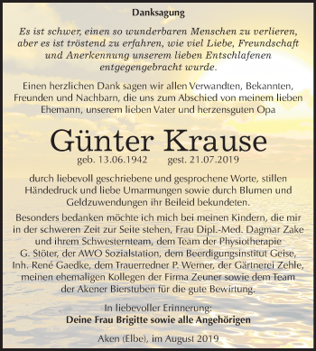 Traueranzeige von Günter Krause von Mitteldeutsche Zeitung Köthen