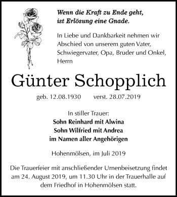 Traueranzeige von Günter Schopplich von Wochenspiegel Weißenfels