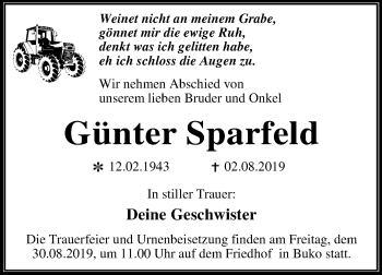 Traueranzeige von Günter Sparfeld von Mitteldeutsche Zeitung Wittenberg